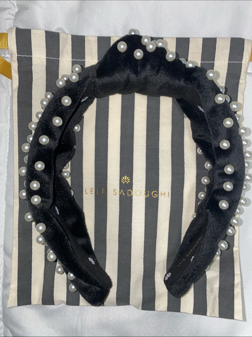 Lele Sadoughi Black Velvet Headband with Pearl Embellishments
